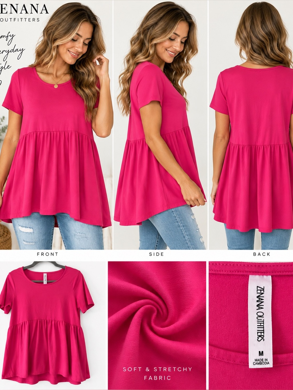 Zenana Outfitters Pink Babydoll Peplum Tunic Top Short Sleeve M